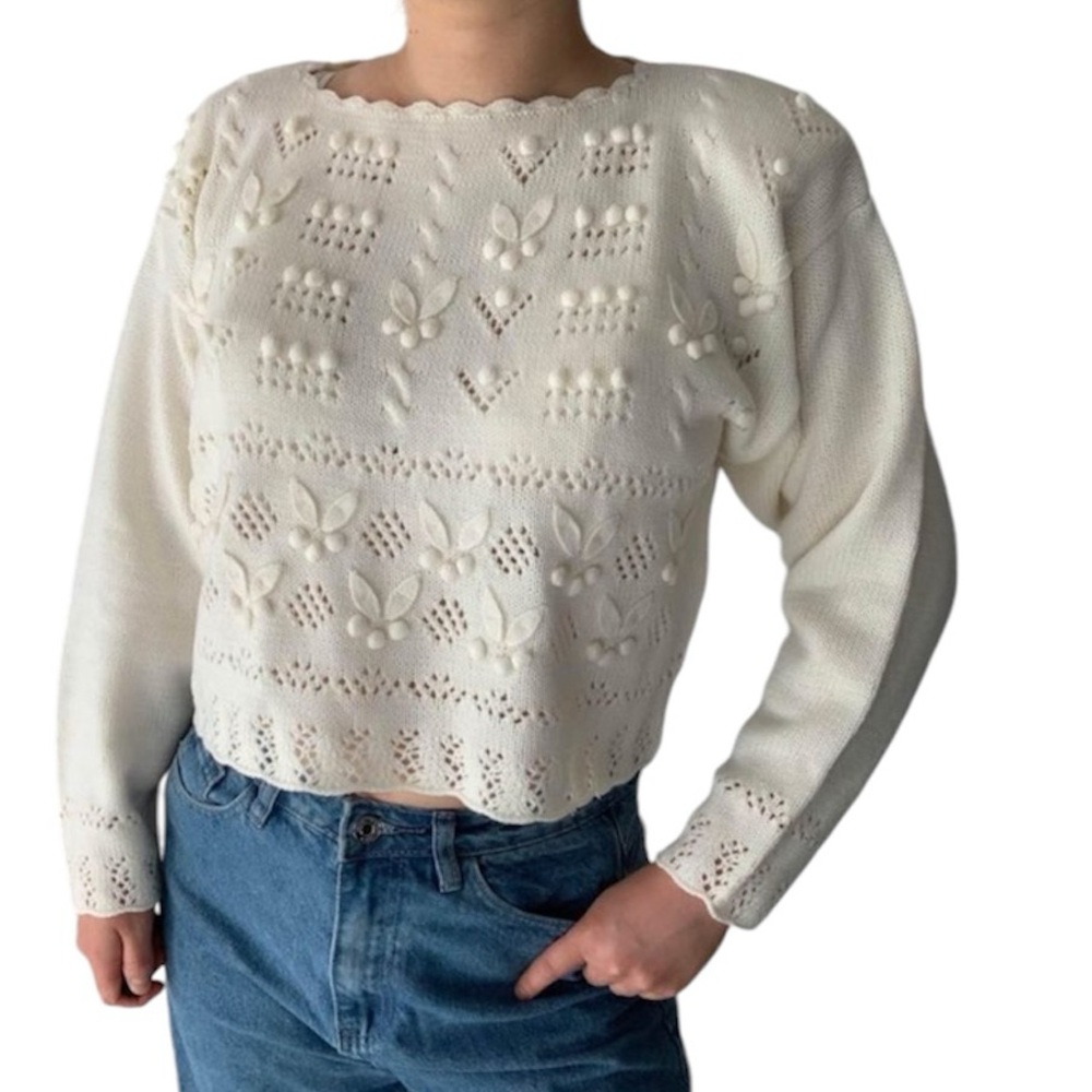 Rare Vintage 80s Retro Cream Embroidered Floral Pearl Knit Cotton Sweater Japan